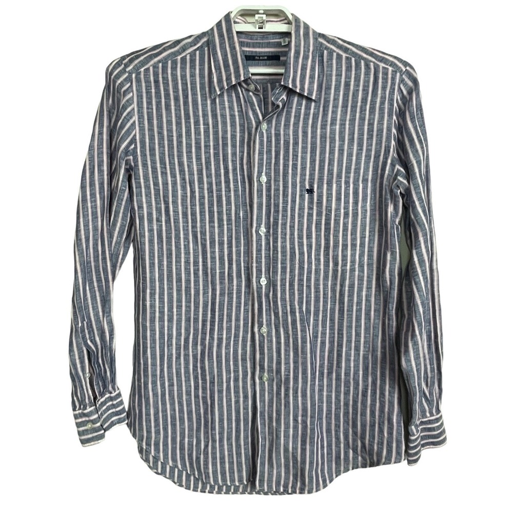 Pal Zileri Concept Shirt Mens 16 41 Blue Pink Striped Linen Blend Button Up